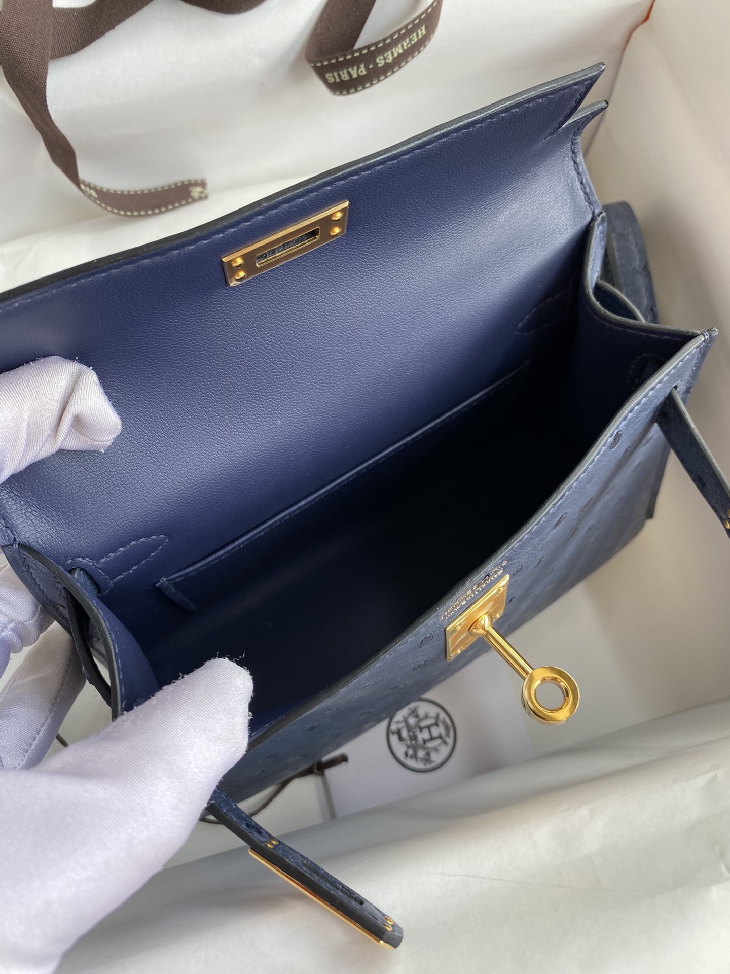 Hermes Kelly Mini II Bag 19CM In Blue Iris Ostrich Leather